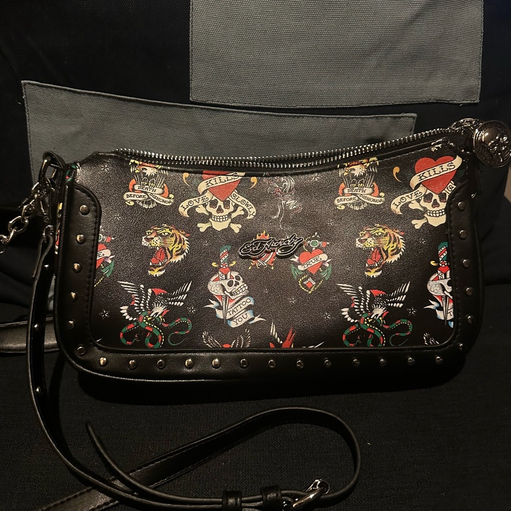 Ed Hardy Black Skull Floral Shoulder Bag